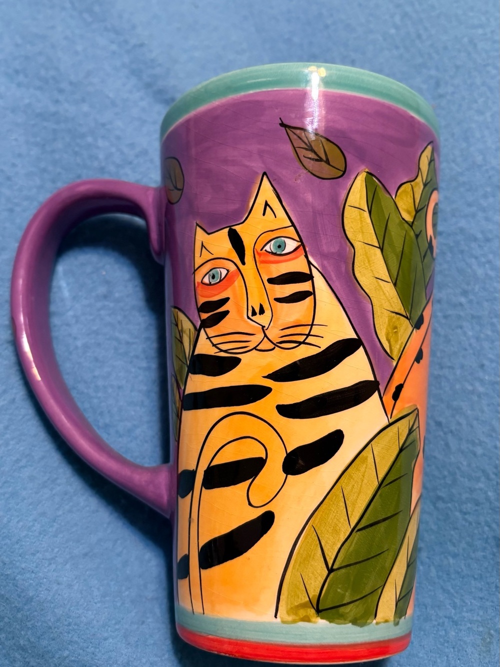 Laurel Burch Colorful Tiger-Striped Cat Ceramic Mug in Purple, Orange, Green
